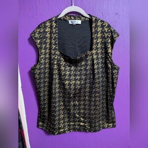 105. Kasper Black Gold Shimmer Zigzag Polka Dot Square Neck Tank Blouse 1X 16 18
